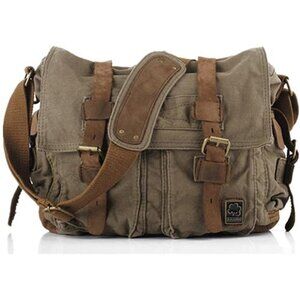 Sechunk Vintage Military Leather Canvas Laptop Bag Messenger Bags Medium